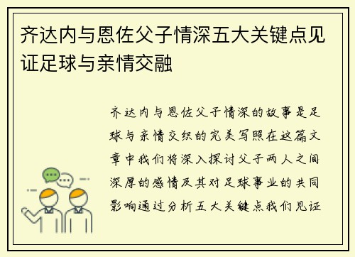 齐达内与恩佐父子情深五大关键点见证足球与亲情交融
