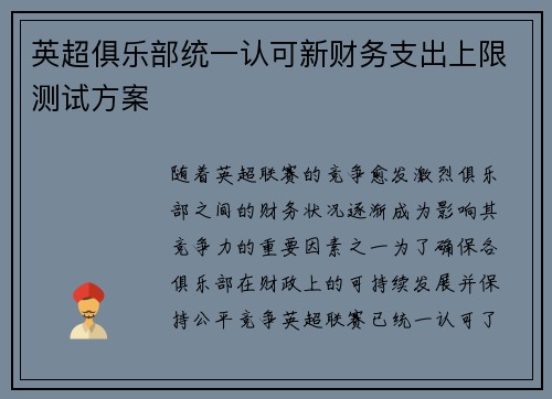 英超俱乐部统一认可新财务支出上限测试方案