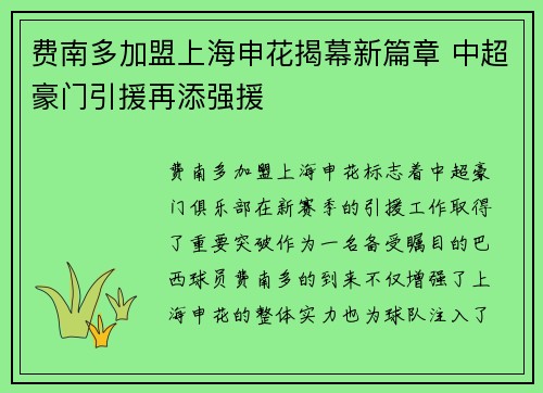 费南多加盟上海申花揭幕新篇章 中超豪门引援再添强援